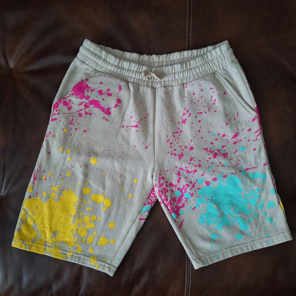 Fresh Laundry RARE Paint Splatter Shorts Mens Streetwear Neon Fleece Jorts EUC L